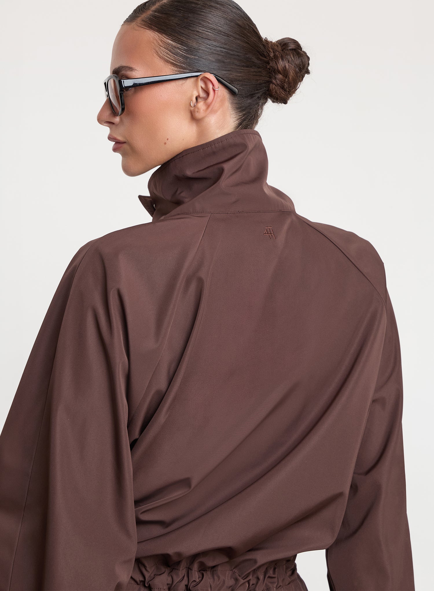 Chocolate Brown Peplum Hem Funnel Neck Jacket